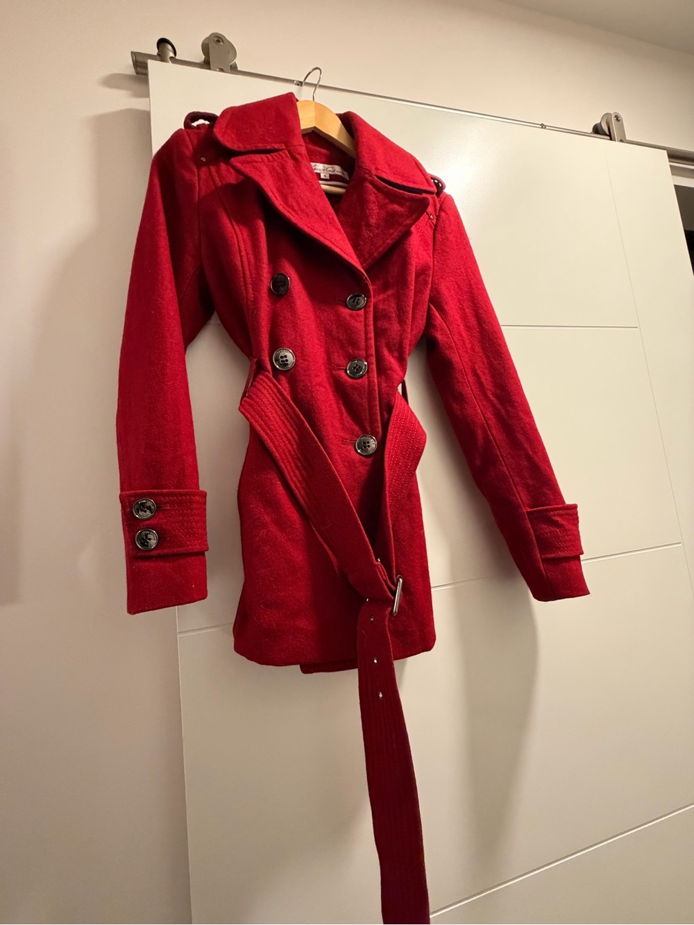 Kenneth Cole Red Double-Breasted Belted Pea Coat